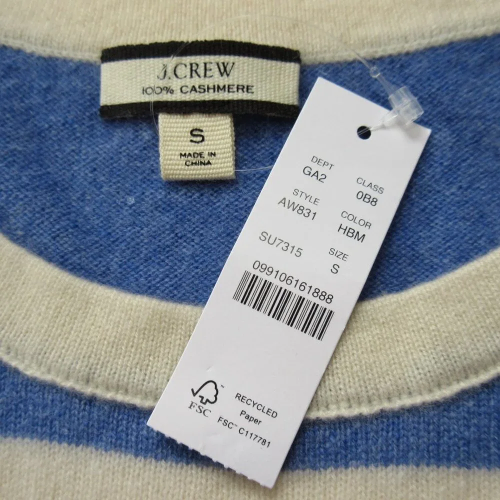 NWT J.Crew Short-Sleeve Cashmere T-shirt in Heather Blue Muslin Rugby Stripe S
